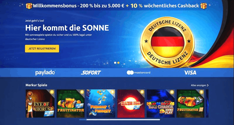 Sonnenspiele Casino Spieloberfläche mit bunten Spielautomaten und Willkommensbonus Angebot