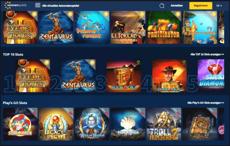 Übersichtliche Oberfläche des Sonnenspiele Casinos mit Spielauswahl und Kategorien